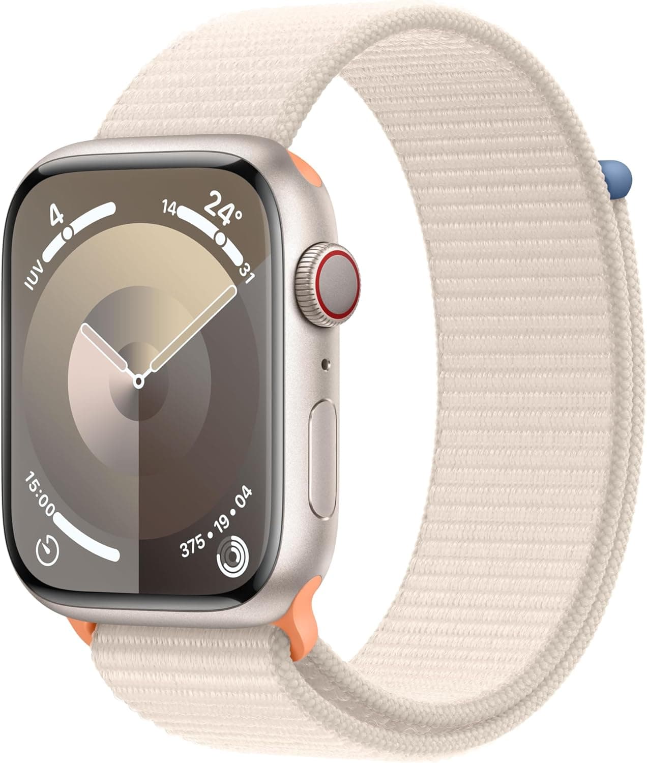 Apple Watch Series 9 [GPS + Cellular] Smartwatch com caixa de alumínio em branco estrela de 45 mm e correia desportiva branca estrela. Monitor de treino, App oxigénio no sangue, neutro em carbono