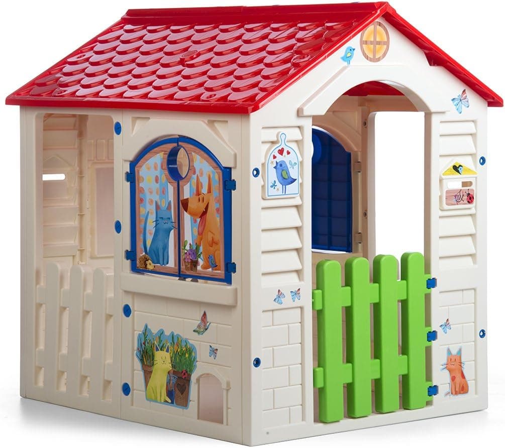 Chicos Country Cottage Casinha infantil para brincar no exterior, para menino e menina, cor bege e telhado vermelho (A fábrica de brinquedos 89607)
