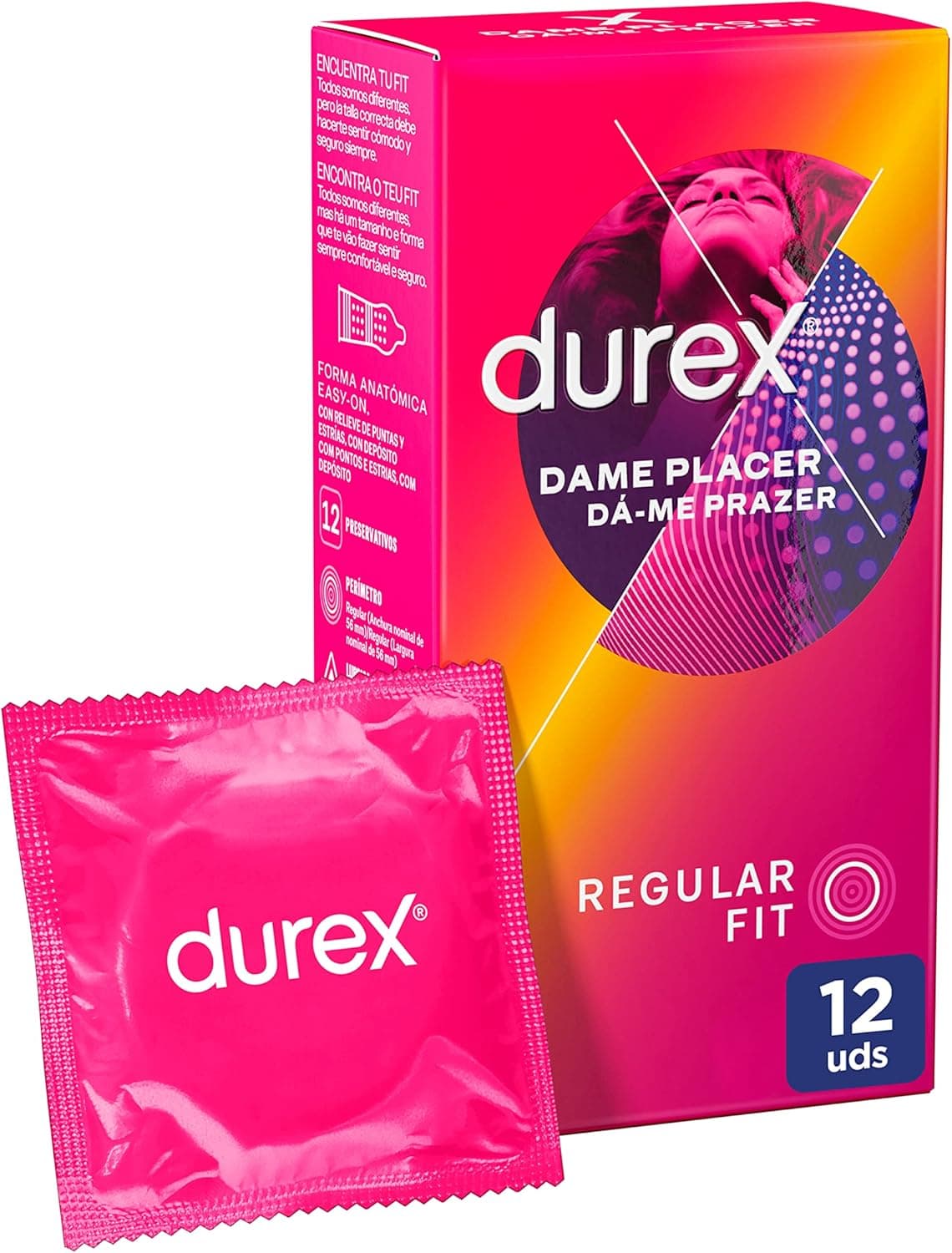 Durex Preservativos Dame Placer, com pontos e estrias para estimulação extra, 12 preservativos