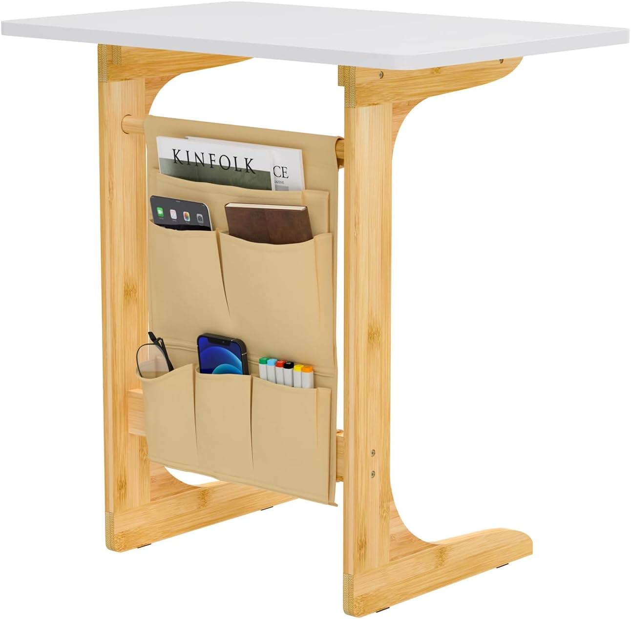 Exabang Mesa lateral de sofá em forma de C para café e computador portátil, design industrial, 60 cm