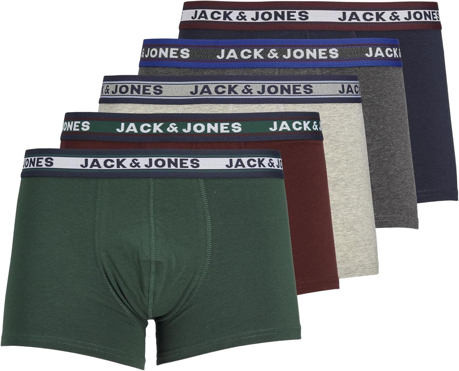 Jack & Jones Cuecas para homem, conjunto de 5 unidades, cor branca, preto, azul e cinzento, 95% algodão
