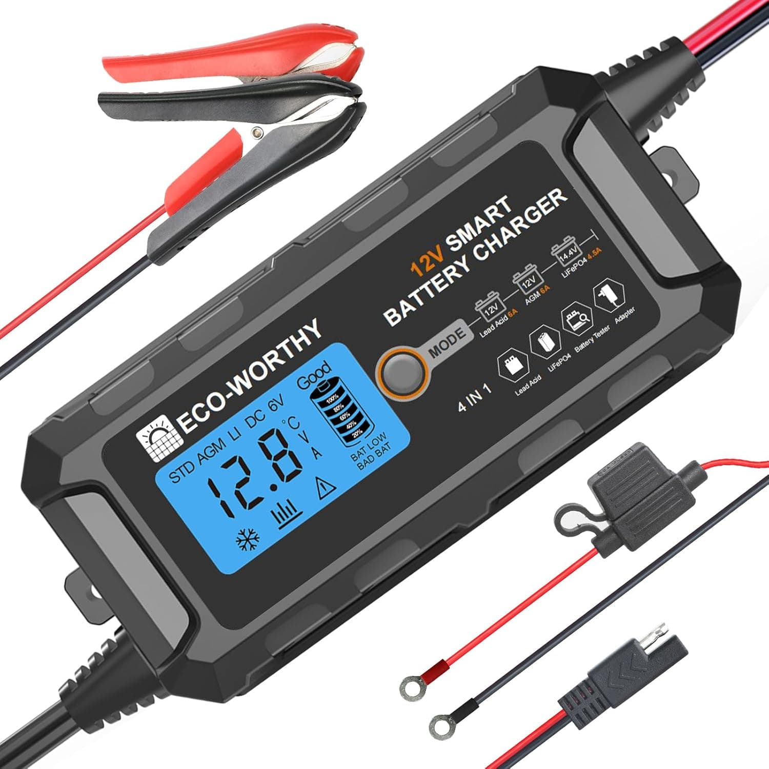 ECO-WORTHY Carregador de baterias 12 v, 5 A carregador de bateria com ativação de bateria de lítio e chumbo em carro motociclista barco baterias marinhas