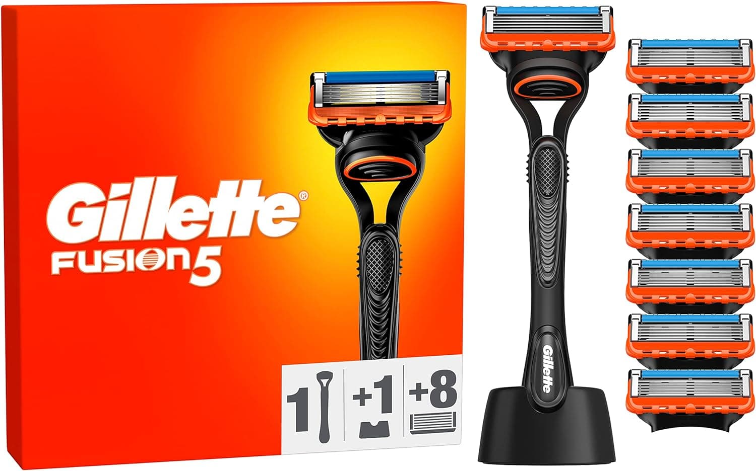 Gillette Fusion 5 peças para homem, 1 máquina de barbear homem de manga livre, 8 lâminas de barbear de 5 folhas, barbear confortável, cabo ergonómico com aparador de precisão