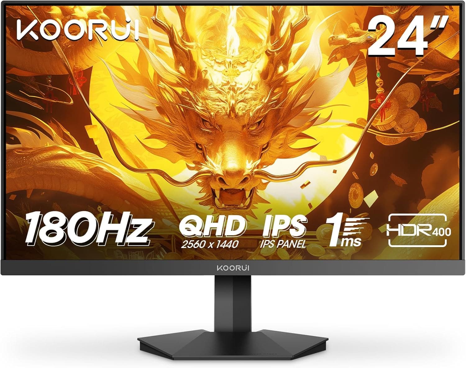 KOORUI G2421V Monitor Gaming de 24 polegadas, 180Hz, QHD 2560x1440, IPS, GTG 1ms, DCI-P3 90%, HDR400, DP 1,4, 2 x HDMI 2.0, Adaptive Sync, inclinação ajustável, carro E, VESA 7 5x75mm
