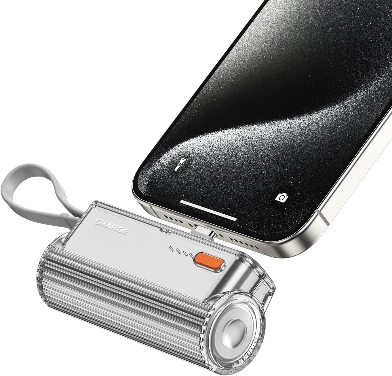 SHARGE Flow-Mini Powerbank 5000 mAh, carregador portátil ultra compacto com tomadas intercambiáveis, cabo USB-C integrado, compatível com 16/15/14/13 Mini Pro MAX e mais