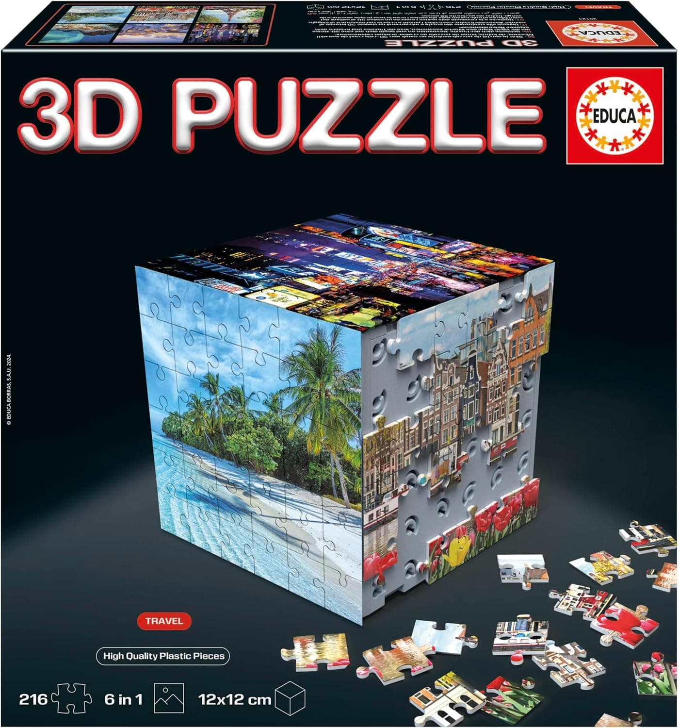 Educa - 3D Puzzle de viagem. O desafio quebra-cabeças em forma de cubo com 216 peças no total. Estrutura: Base montável coberta por 6 puzzles de 36 peças cada. 6 Anos (20124)