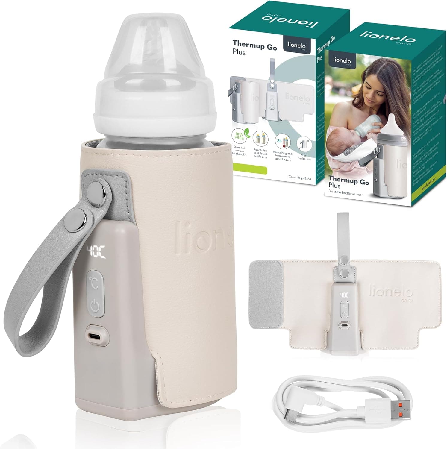 LIONELO Thermup Go Plus Aquecedor de berões portátil, mantém líquidos quentes, 5 temperaturas de funcionamento de 38 a 50 C, carregamento USB, 8 h de funcionamento ecrã LCD silencioso