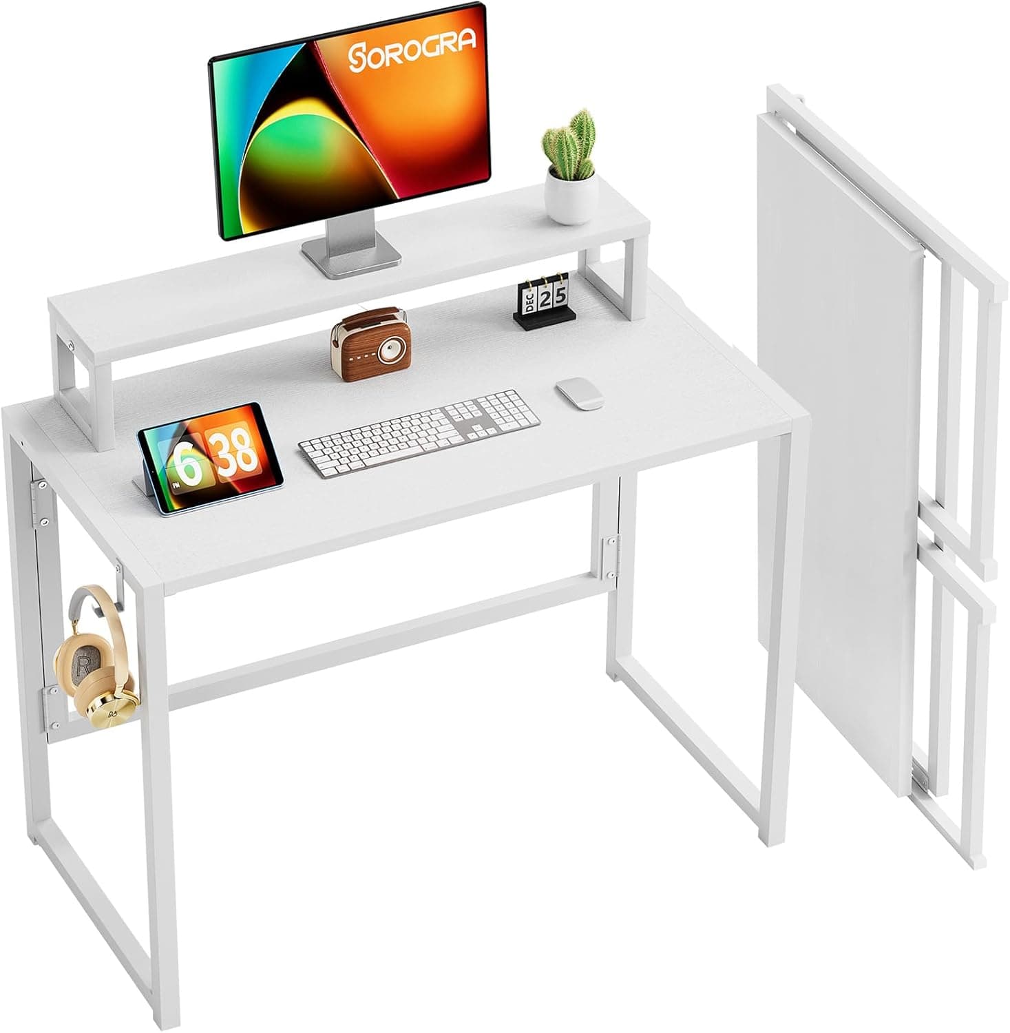 SOROGRA Mesa dobrável com suporte para monitor, mesa de computador para escritório em casa e estúdio, mesa pequena de montagem fácil para espaços pequenos, branco