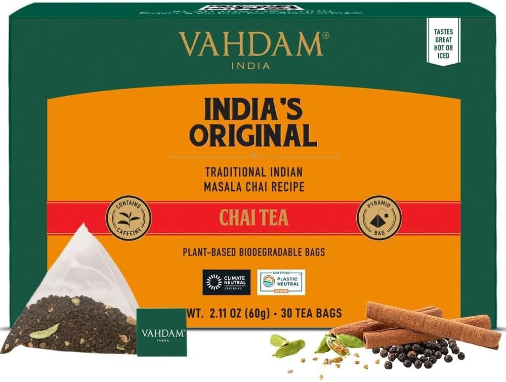 VAHDAM, Masala Chai Chá original (30 pirâmidais sacolas de chá) chá Masala Chai | bolsa de chá com especiarias Chai | 100% pura e natural | quente, frio ou como Kombucha