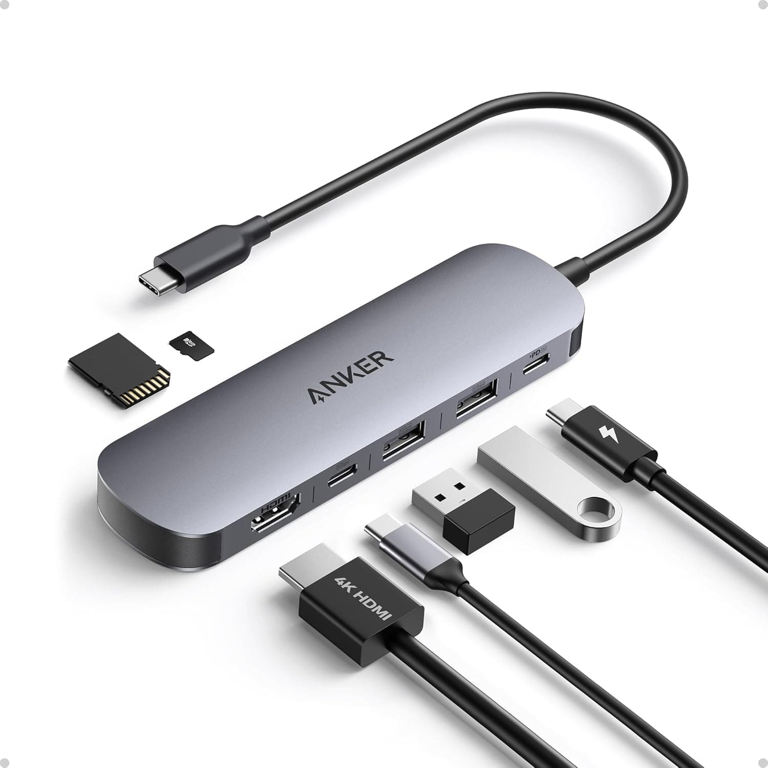 Anker Hub USB C 7 em 1 concentrador, adaptador tipo C multiporta, divisor USB HDMI 4K a60 Hz, potência máxima de 100 W, 3 portas de dados USB A e USB-C 3.0, cartão SD/TF, tipo C 