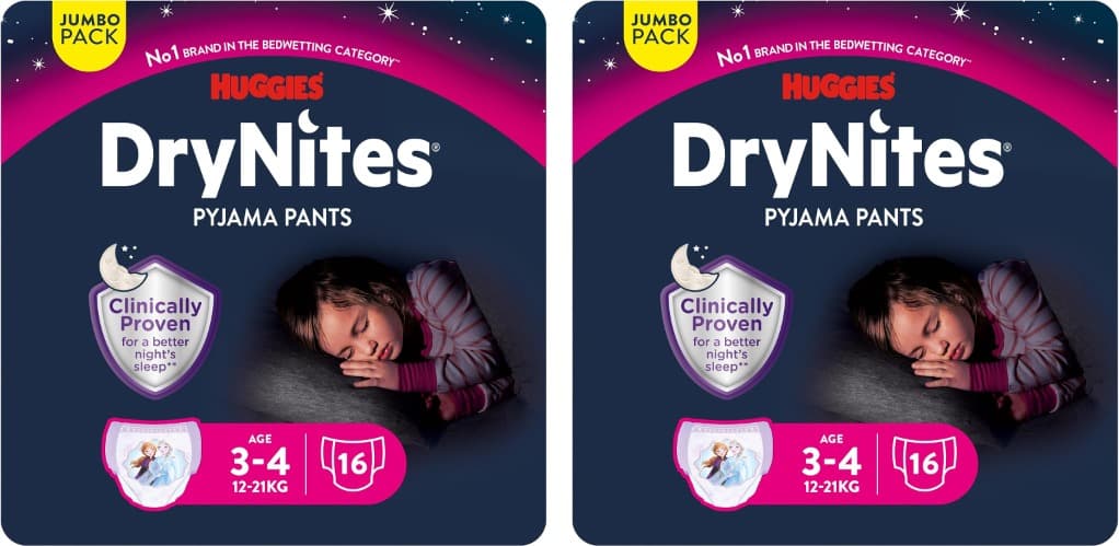 Huggies DryNites Cuecas absorventes para menina 3-5 (16 - 23 kg), clinicamente testado com 5 camadas de proteção noturna, 16 fraldas de noite