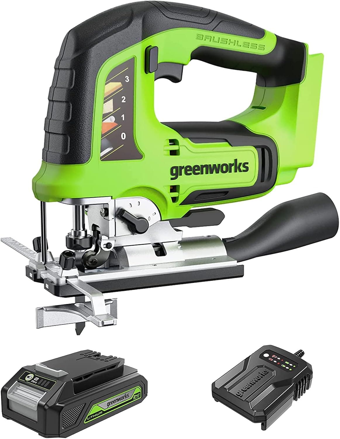Greenworks GD24JSK2 Serra vertical a bateria com 2 lâminas, 3000 spm, base ajustável até 45°, acessório de respiração, com bateria de 24 V 2 Ah e carregador, garantia de 3 anos