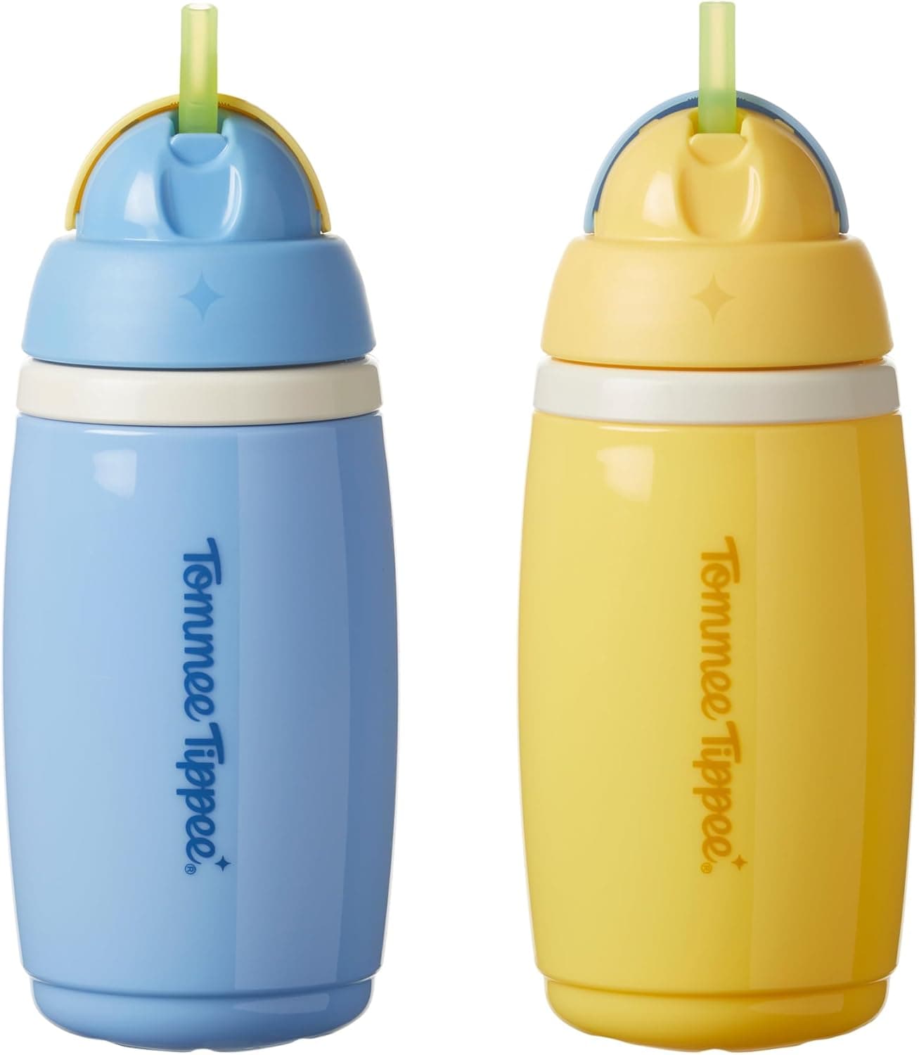 Tommee Tippee Garrafa isotérmica com palha, 266 ml, garrafa de água anti-derrame para bebés a partir dos 12 meses, tampa articulada para manter a palhinha limpa, azul e amarelo, embalagem de 2