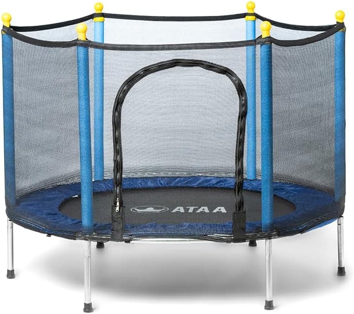 Trampolim infantil Salty 140, azul, trampolim para meninos e meninas, diâmetro de 140 cm, com rede de segurança, fecho de correr, proteção de espuma, cama elástica para interior ou exterior