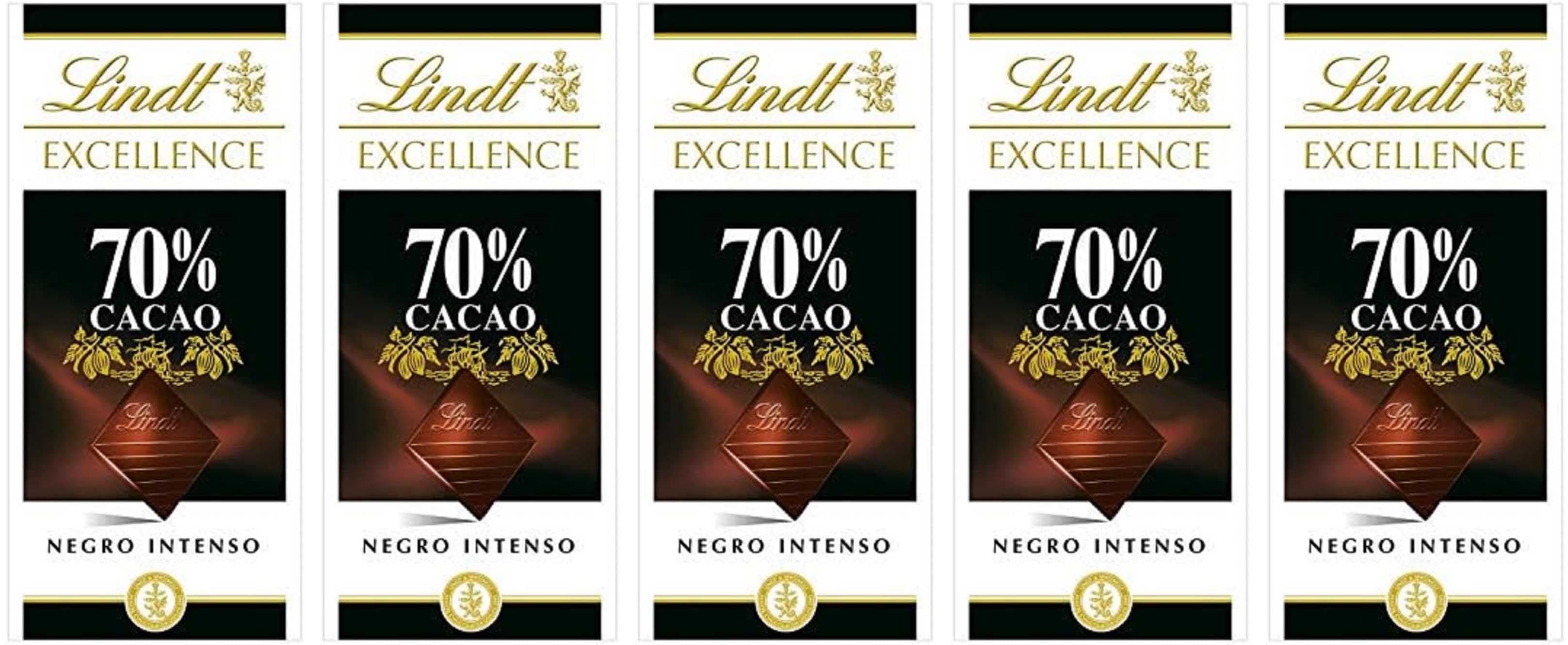 Lindt Excellence Tableta de chocolate negro 70% cacao, 100g - Pack de 5 unidades