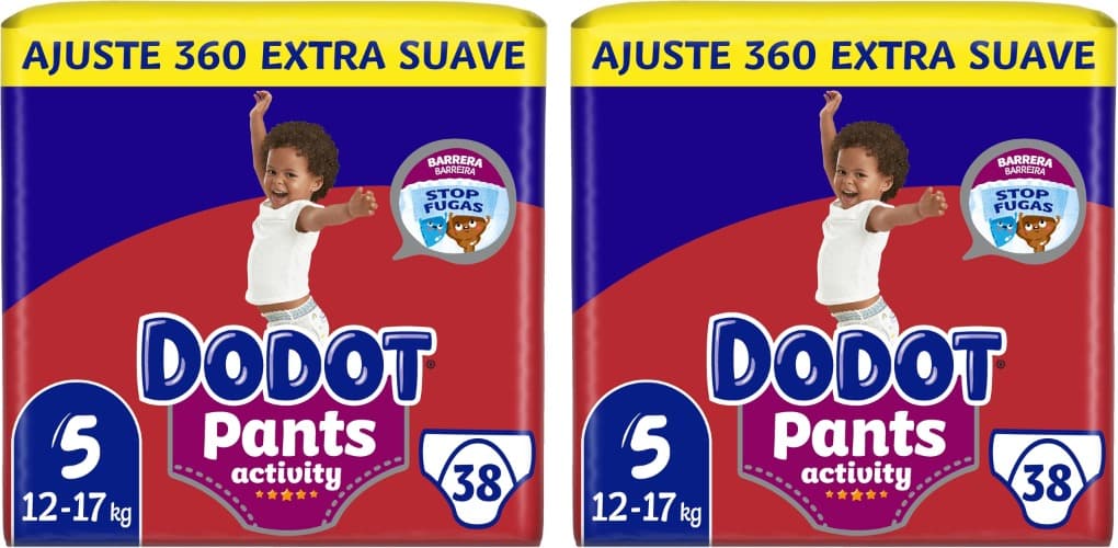 Dodot Activity Pants Fralda-cuecas tamanho 5, 38 fraldas, 12 kg - 17 kg, com barreira STOP fugas que ajuda a evitar fugas traseiras, 2 embalagens