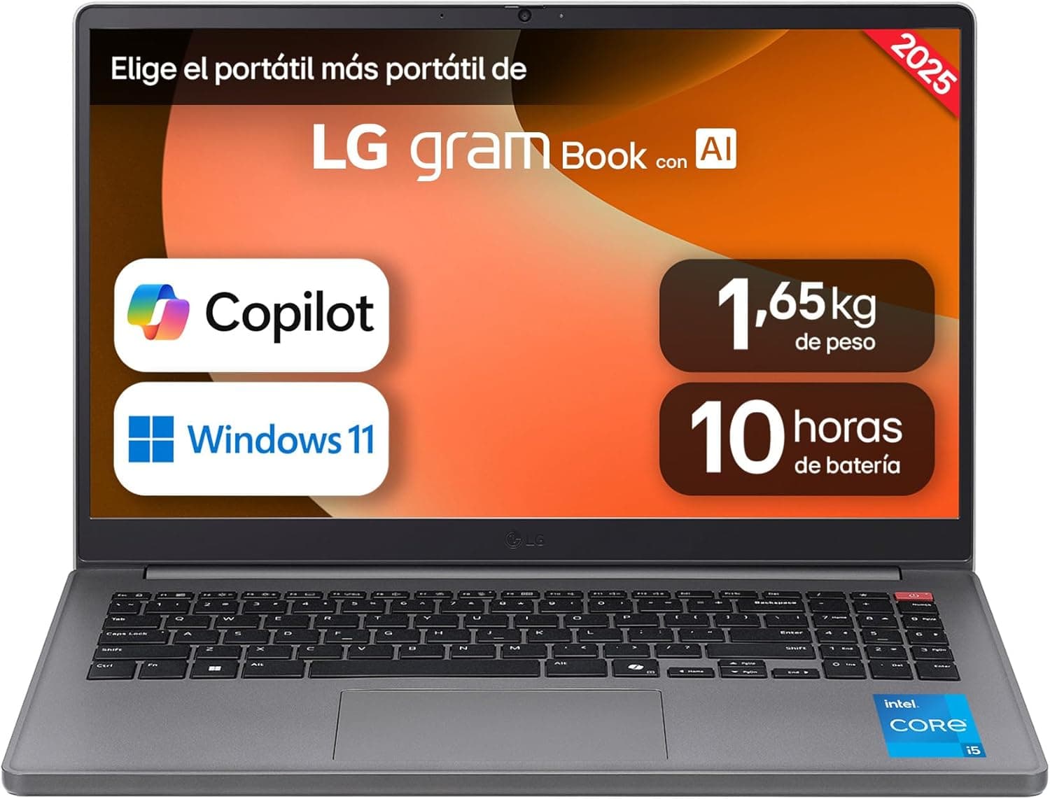 LG gram Book 15U50T-G.AA56B de 15 polegadas, Intel Core i5, 16 GB RAM, 512 GB SSD, painel IPS anti-reflexo, Intel Iris Xe Graphics, 1,650 kg, 10 horas, teclado prateado QWERTY espanhol