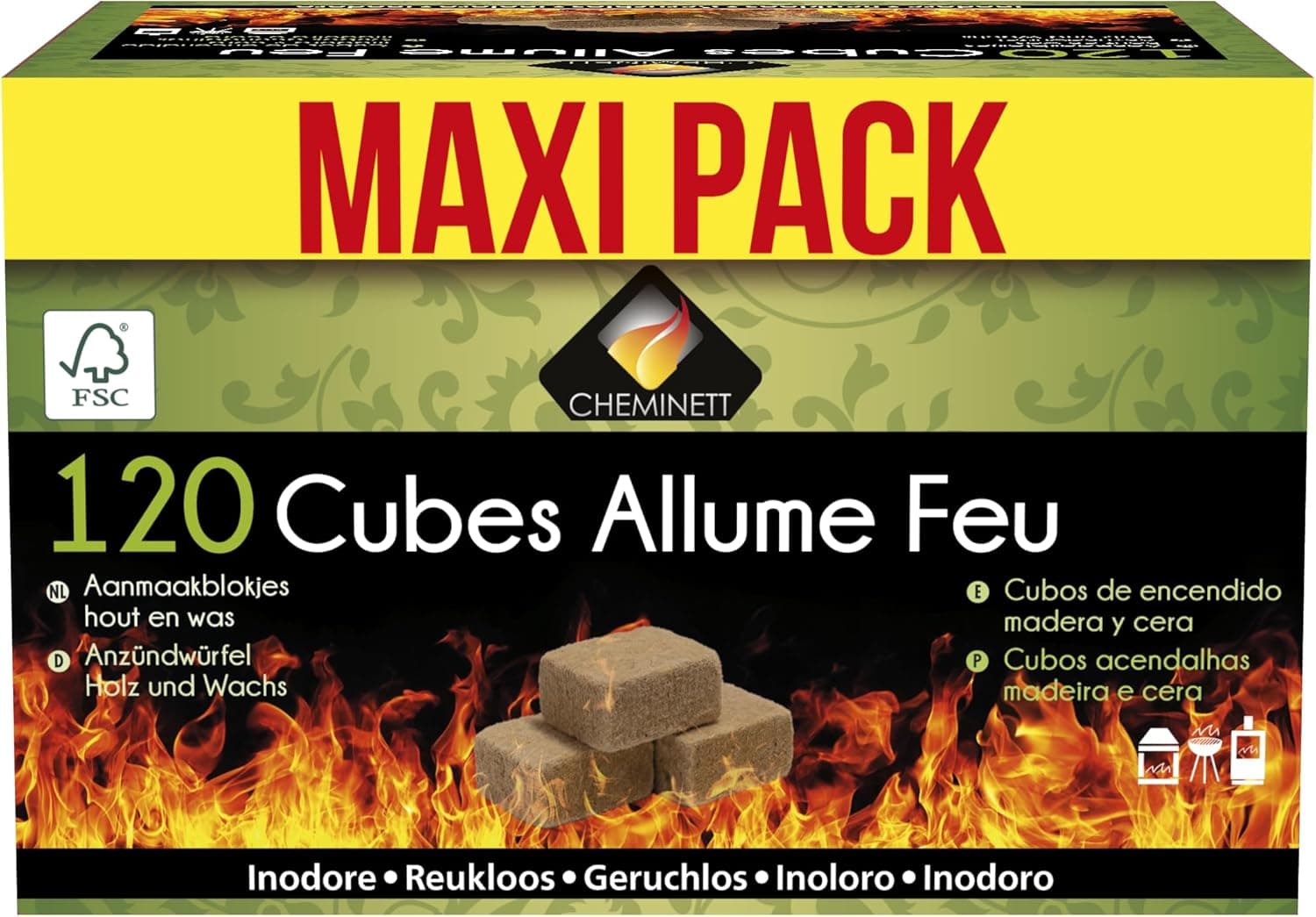 MAXIPACK CHEMINTT 15720-12 cubos de ignição ecológicos - caixa de 120 unidades de cubos naturais para acender fogo, lareiras, fogões e/ou lareiras