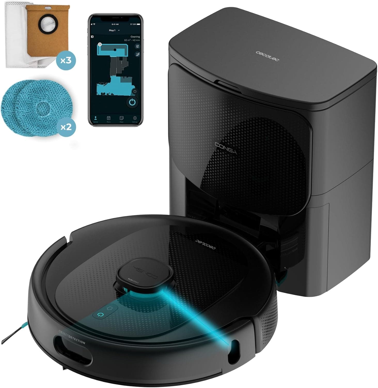 Cecotec Robot aspirador e esfrega-chão com IA e base de auto-esvaziamento Conga 9990 AI Spin Revolution Ultra Power Home Essential. 10000Pa, navegação inteligente, automonomia 240 minutos, escova de