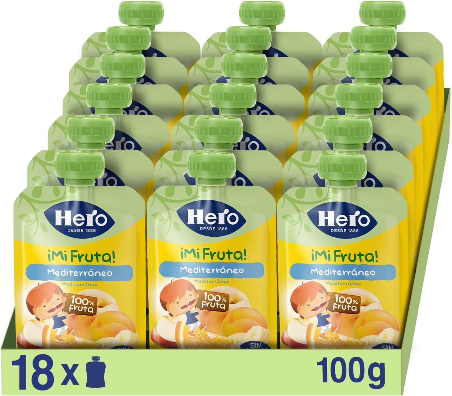 Hero - Sacos de frutas com sabor mediterrâneo, sem conservantes nem corantes, óleo de palma, glúten, nem açúcares adicionados, para bebés a partir dos 12 meses, pack de 18 x 100 g
