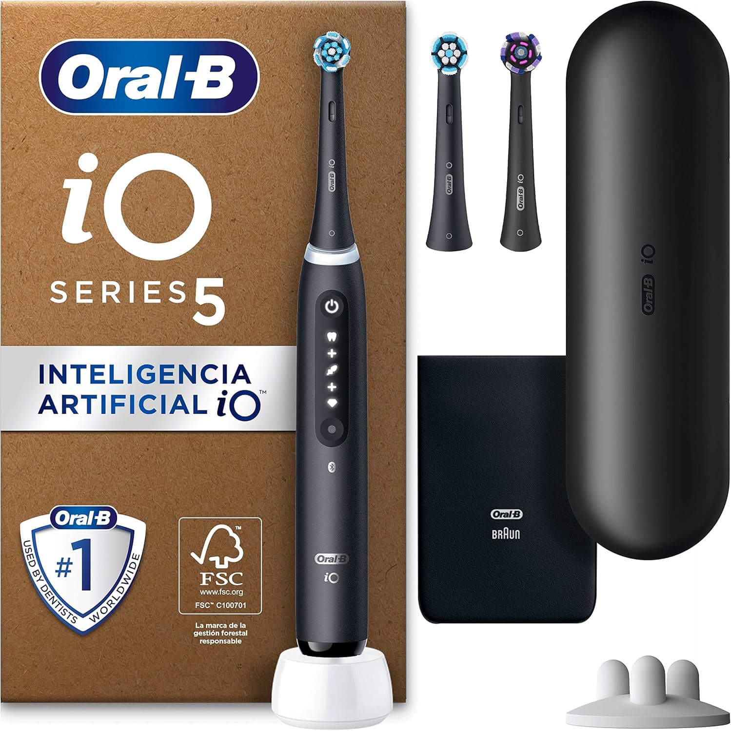 Oral-B iO 5N Escova de dentes elétrica com cabo recarregável, 3 cabeças e estojo de viagem, desenhado por Braun - preto