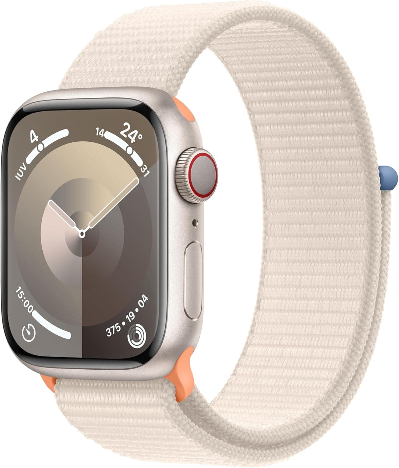 Apple Watch Series 9 [GPS + Cellular] Smartwatch com caixa de alumínio em branco estrela de 41 mm e correia desportiva branca estrela. Monitor de treino, App oxigénio no sangue, neutro em carbono