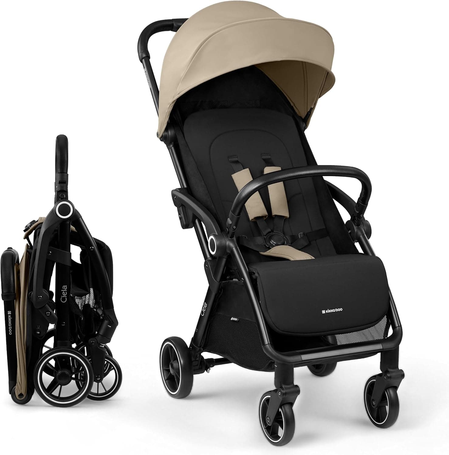 KikkaBoo Cadeira de passeio céu, carrinho de bebé até 22 kg, dobrável automático, posição reclinada, super leve, compacto, tamanho da cabine, bege