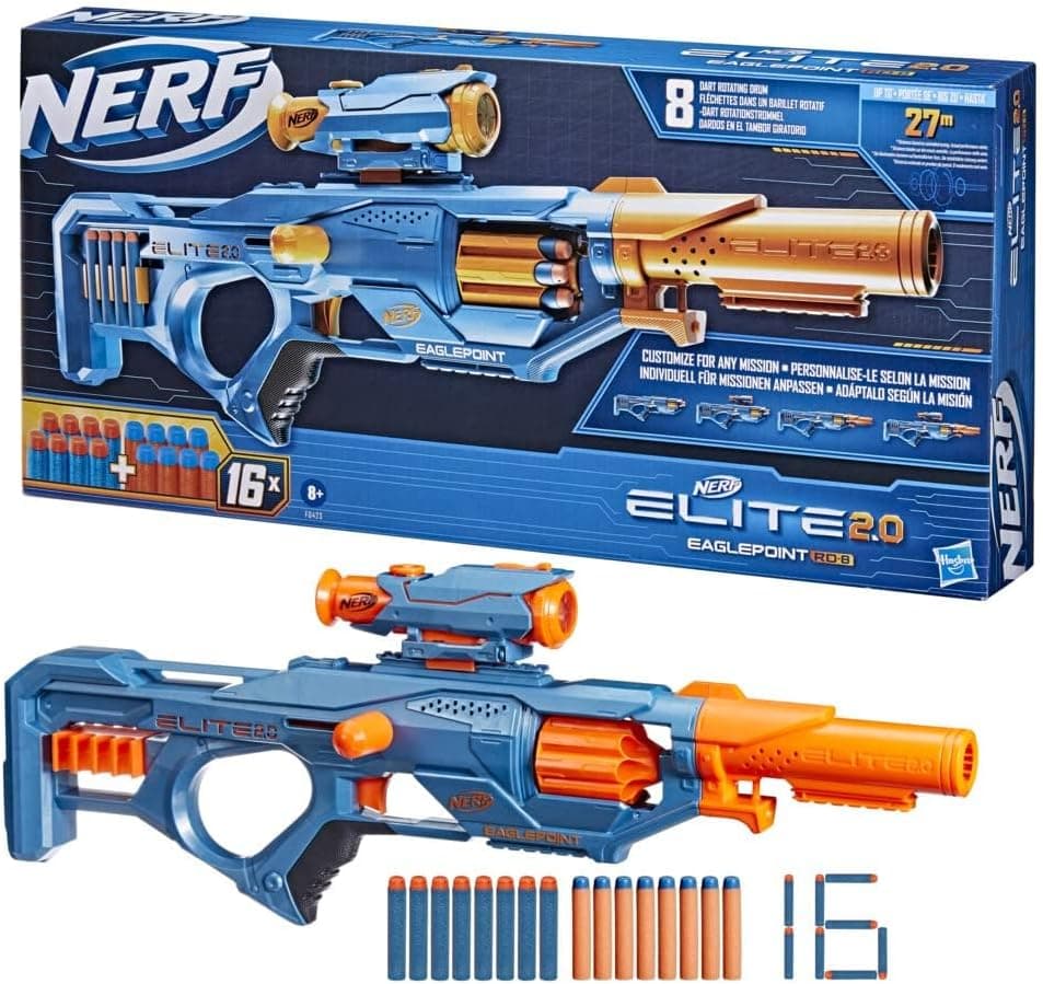Hasbro Nerf Elite 2.0 Eaglepoint RD-8, Blaster de brinquedo, 16 dardos, visor e cano desmontável