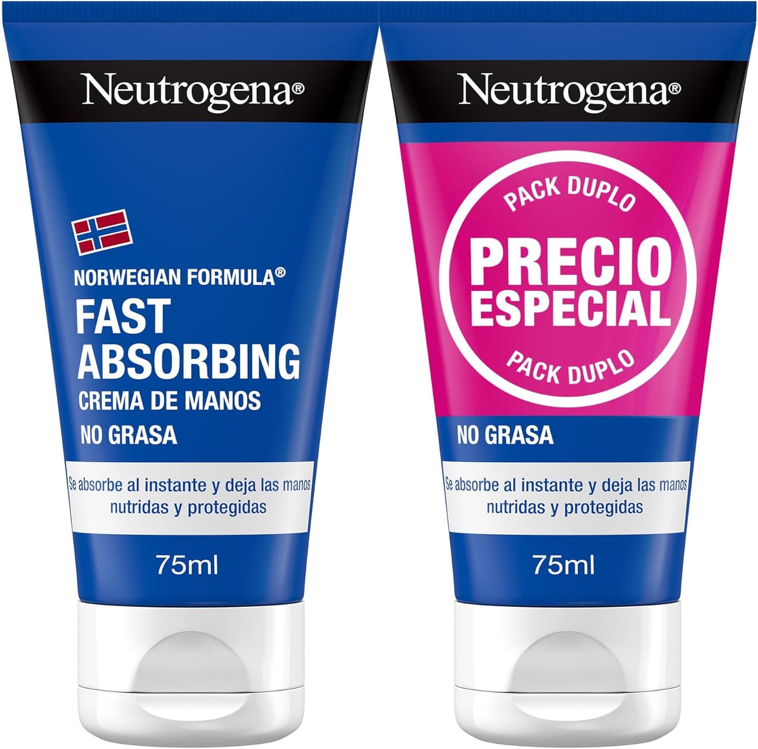 Neutrogena Fórmula Noruega Fast Absorbing (embalagem de 2 x 75 ml) creme de mãos reparador não gordura com glicerina e vitamina E, creme para mãos rachadas e secas de rápida absorção