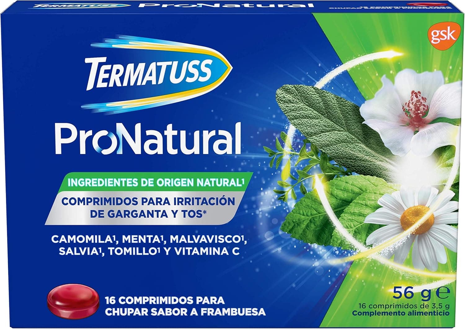 Termatuss Comprimidos Para la Tos Seca o Con Expectoración, Ingredientes de Origen Natural, Sabor a Frambuesa, 16 Comprimidos Para Chupar