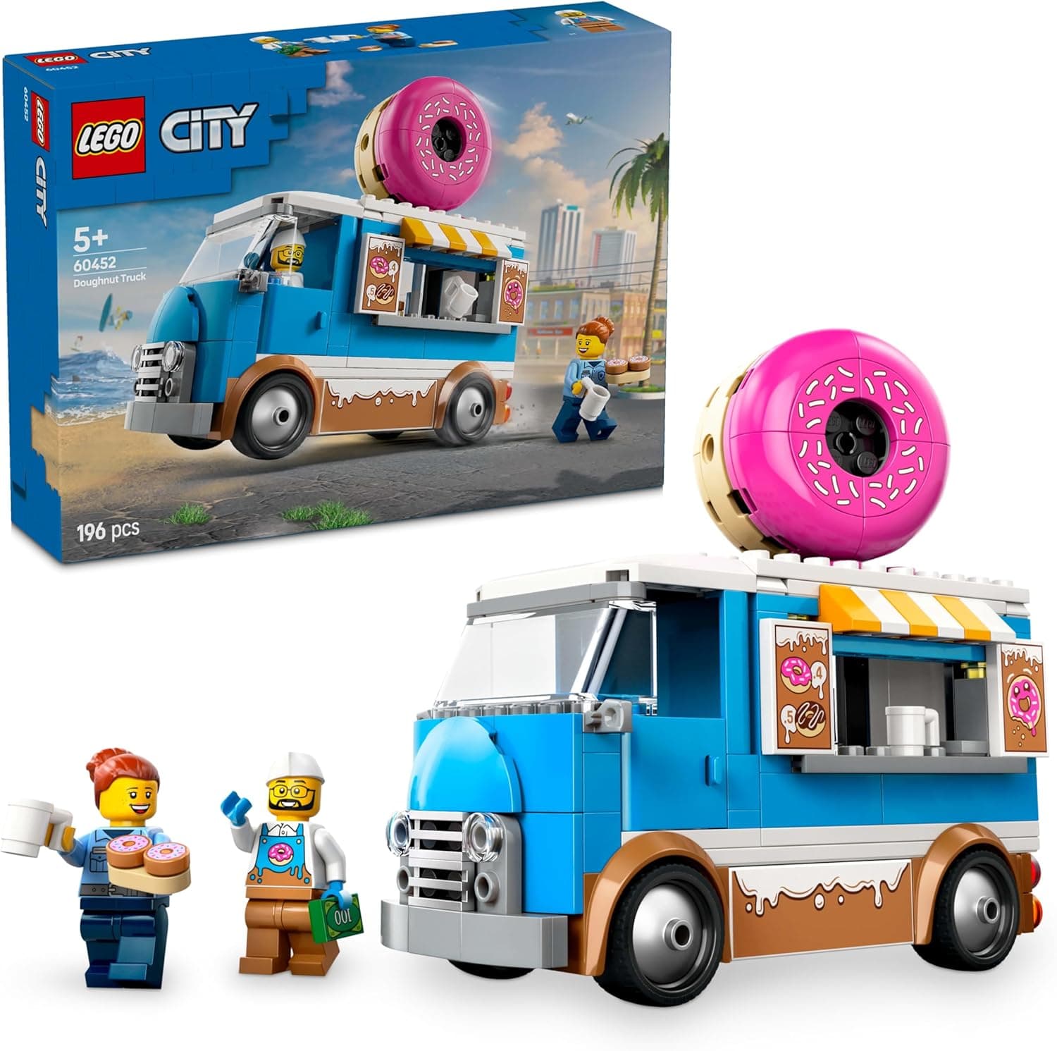 LEGO City Camião de donuts com comida e caixa registadora de brinquedo, conjunto de Food Truck com minifiguras de vendedor e polícia para dramatização, presente para meninos e meninas de 5 anos