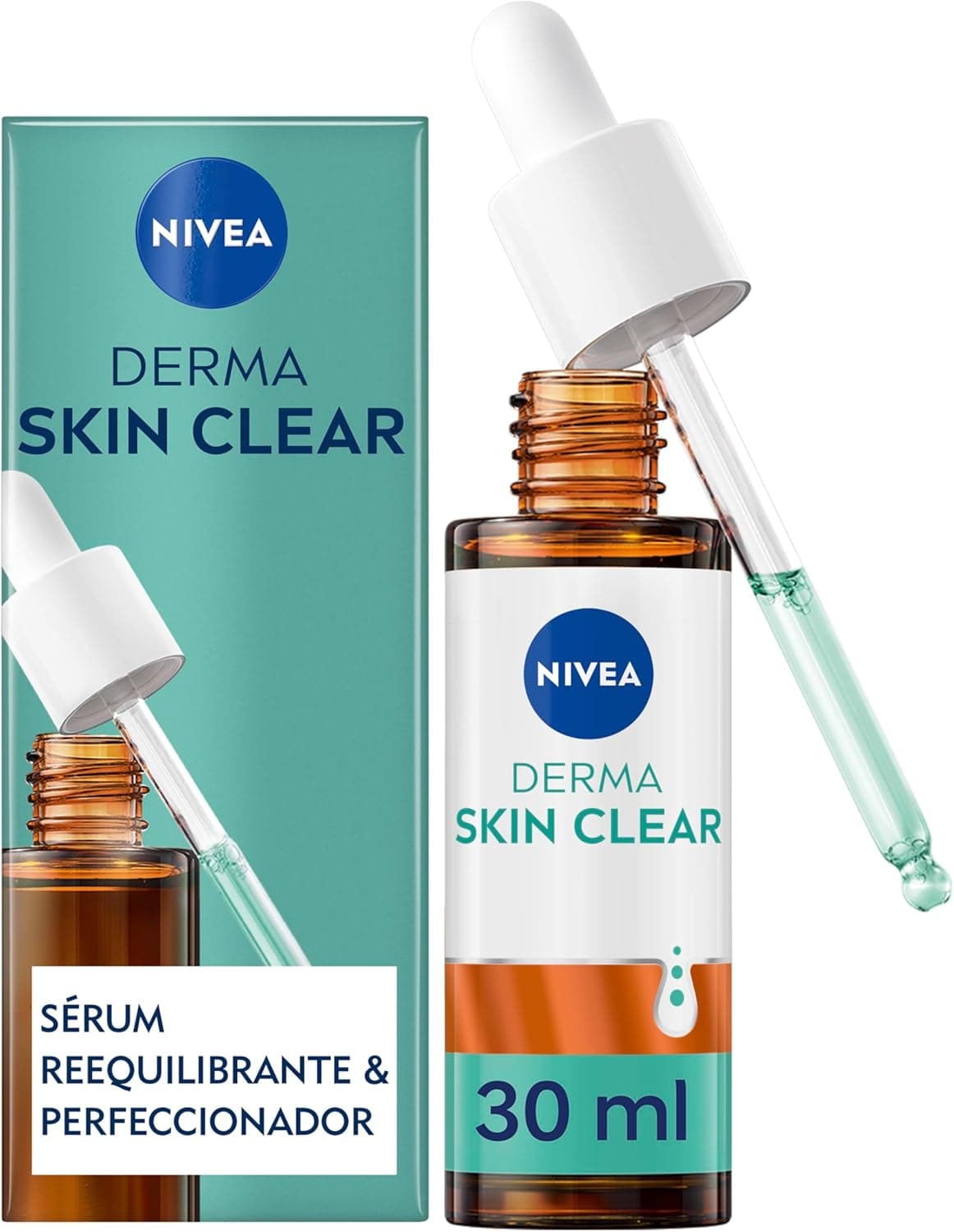 NIVEA Derma Skin Clear Sérum facial reequilibrante e aperfeiçoador (1 x 30 ml), soro hidratante facial com niacinamida, ácido hialurónico e pró-vitamina B5, para pele com imperfeições