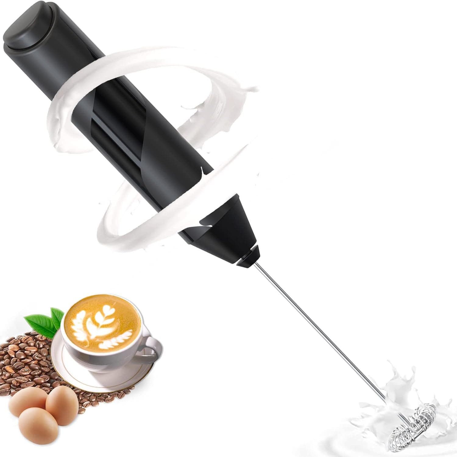 Espuma de leite, batedor de leite com bateria, batedor matcha, espumadeira leite para latte, whisky, café, cappuccino, chocolate quente (preto Aa)