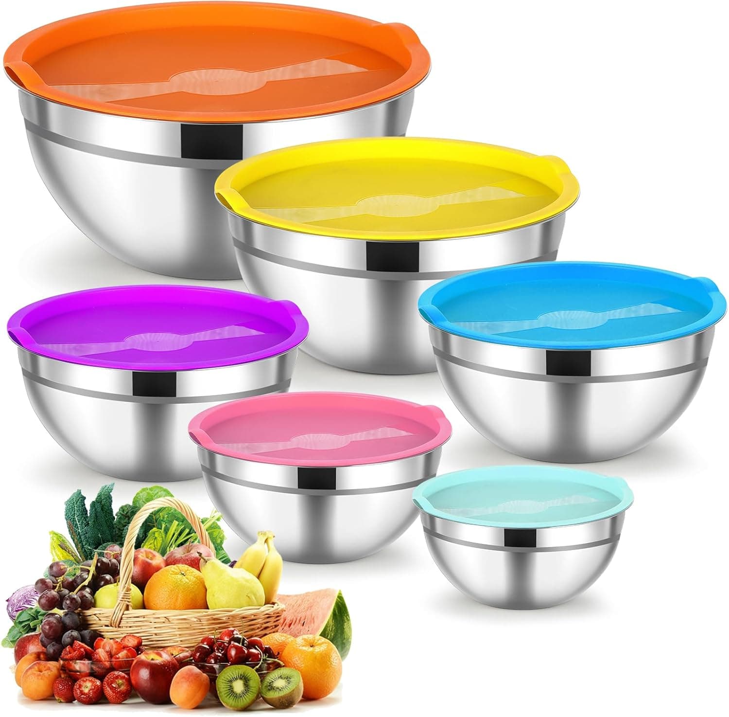 Cinnani 6 conjuntos de tigelas misturadoras de aço inoxidável, saladeira, tigela de comida, tigela de cozinha, tigela de cozinha multifuncional com tampa