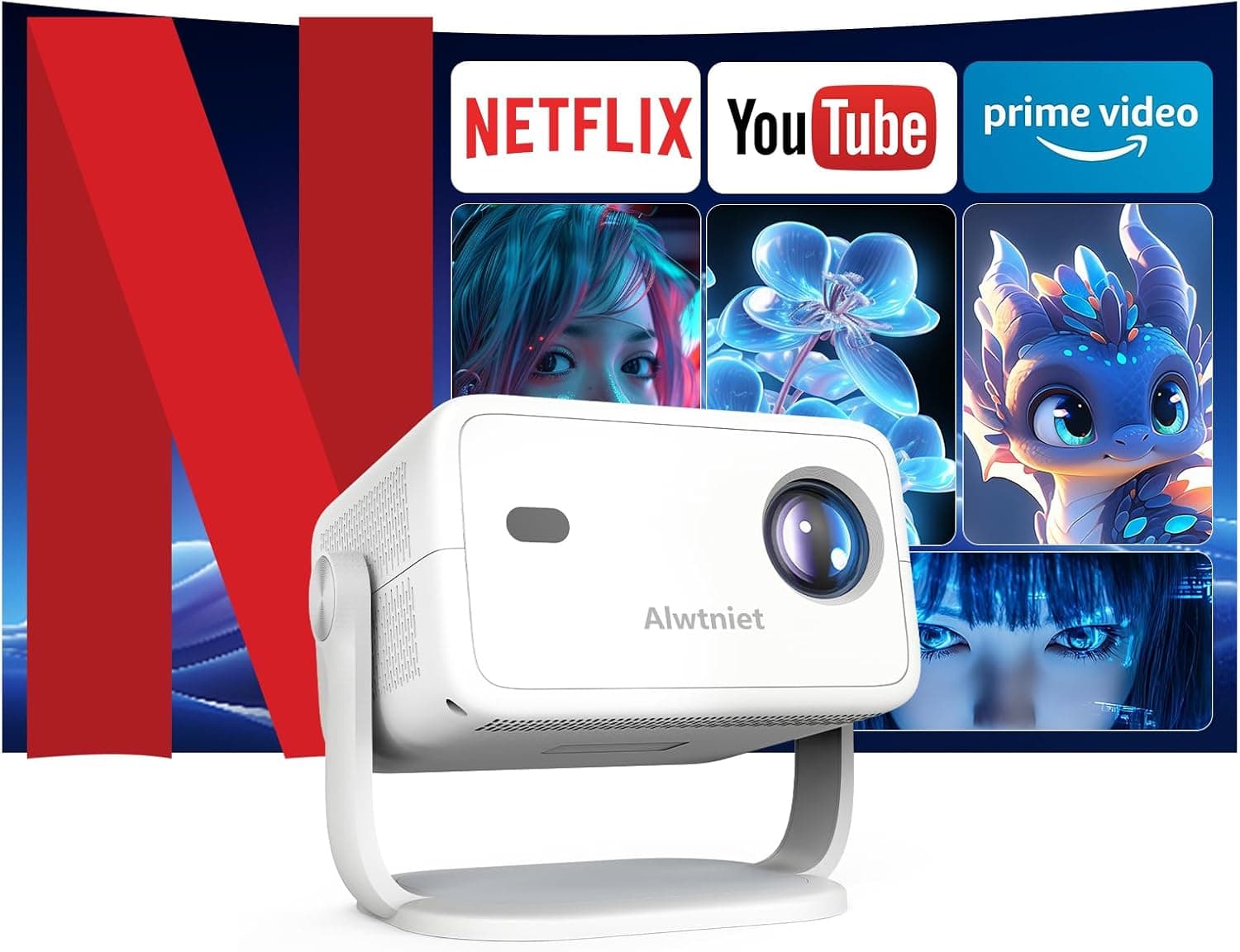 Projetor 4K Netflix oficial, L018 NTV projetor de vídeo 400ANSI com Wi-Fi e Bluetooth, projetor 1080P nativo, foco automático mini projetor portátil de cinema em casa, com controlo remoto por voz