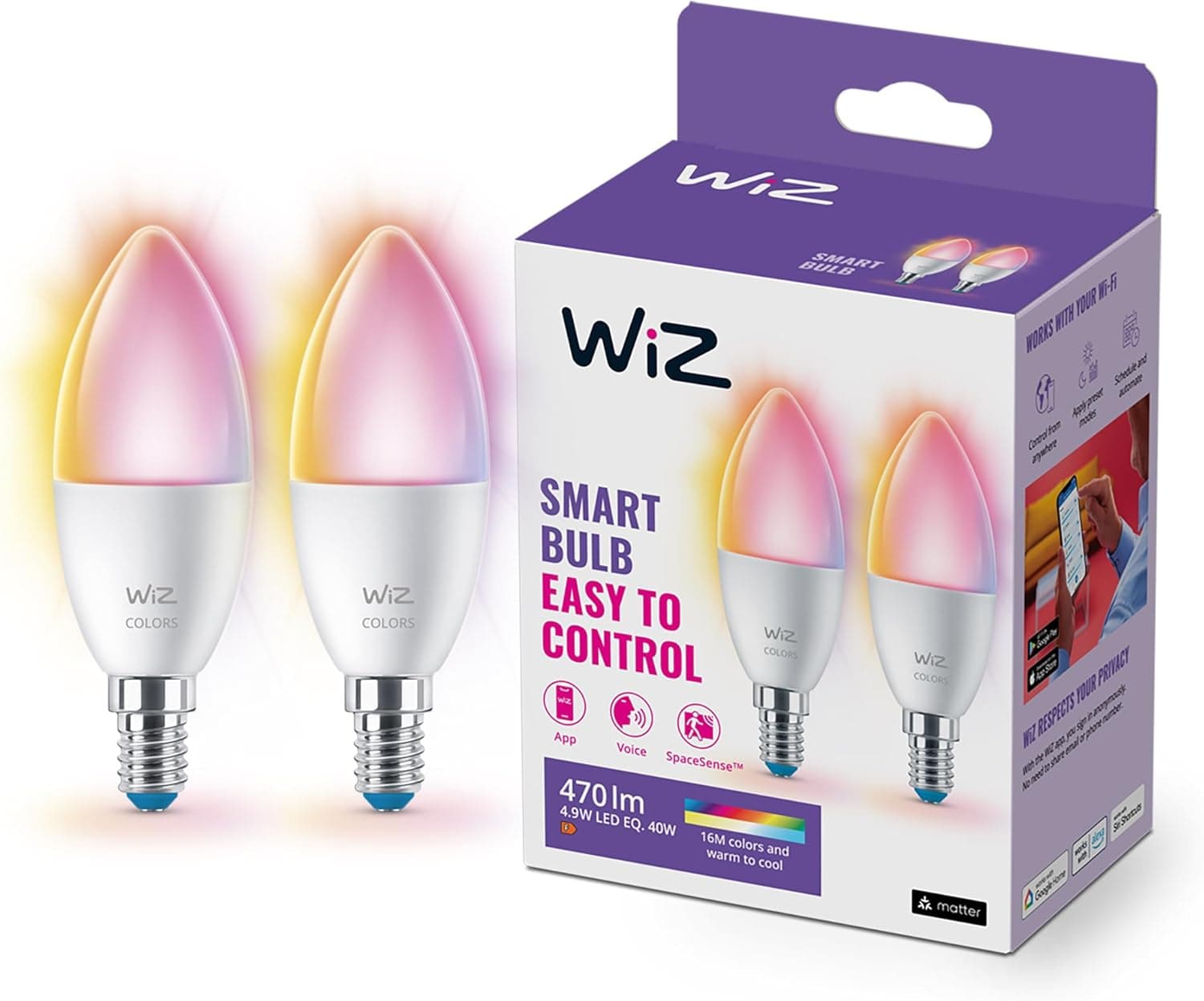 WiZ - Lâmpada LED inteligente Wi-Fi, vela de 4,9 W (Eq. 40 W) Tampa E14, luz branca e colorida, com tecnologia SpaceSense e compatível com Alexa e Google Home, conjunto de 2 