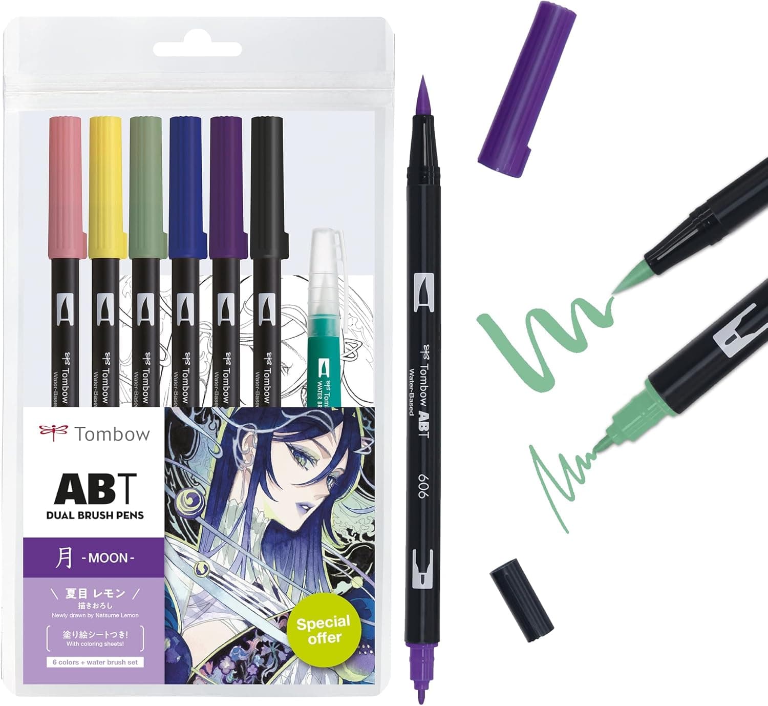 Tombow ABT Dual Brush Pen Watercolor Manga Set Moon Conjunto de 6 pincéis para depósito de água, páginas para colorir e vídeo tutorial [ABT-6P-MANGA-MOON]