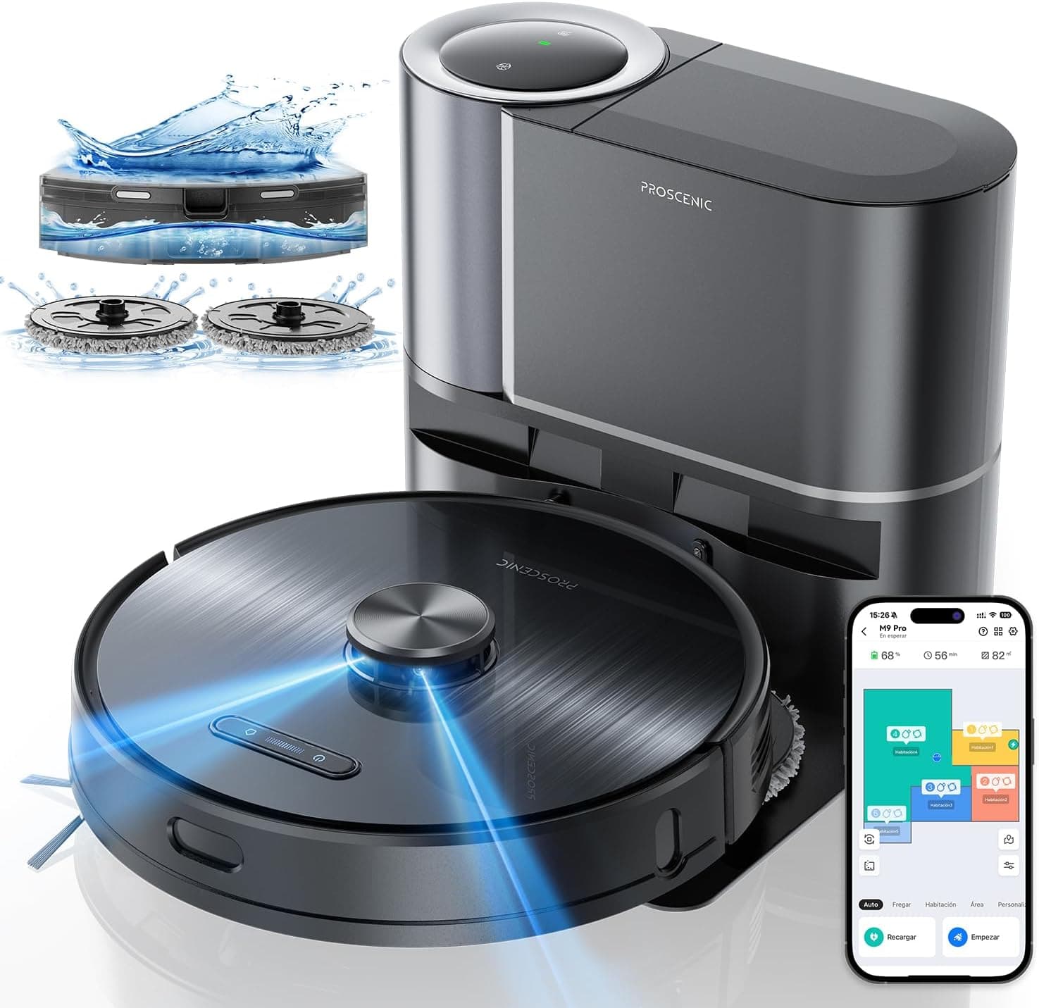 Proscenic M9 Pro Robot aspirador 4500PA/250 Mins, base de auto-esvaziamento de pó, navegação LiDAR robot aspirador e esfregona de chão, 2 anos de limpeza, para tapetes e pisos duros, controlo