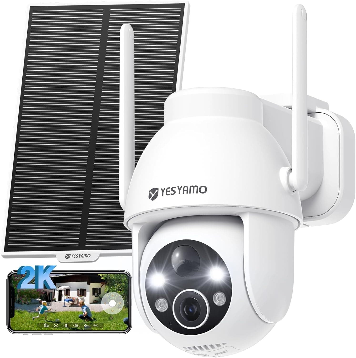 YESYAMO 2 K Câmara de vigilância Wi-Fi exterior solar com bateria, painel solar, 2,4 GHz Wi-Fi câmara exterior solar IP66, 360 ° PTZ, visão noturna cor, áudio bi-direcional