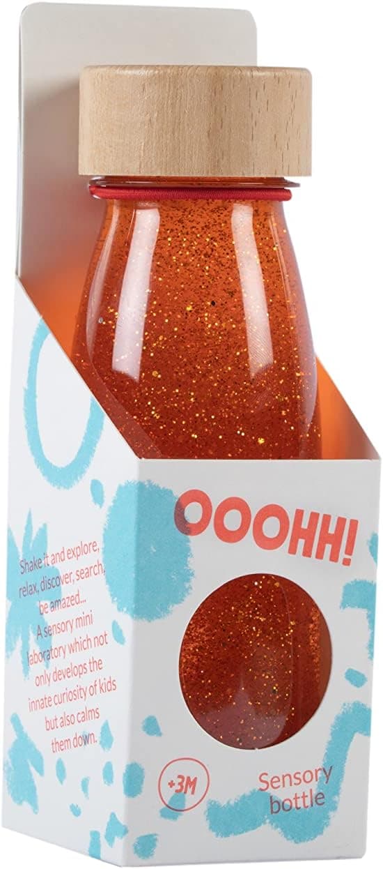 Petit Boum - Garrafa sensorial Float em cor de laranja | um microcosmos em cada garrafa | Descubra, escuta e aprende | estimulação sensorial, garrafas sensoriais para crianças
