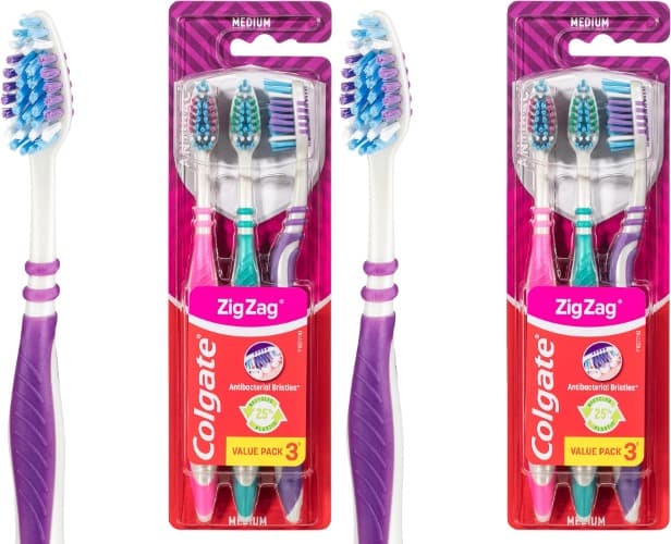 Escova de dentes em zigue-zague, multicolorida, pack triplo