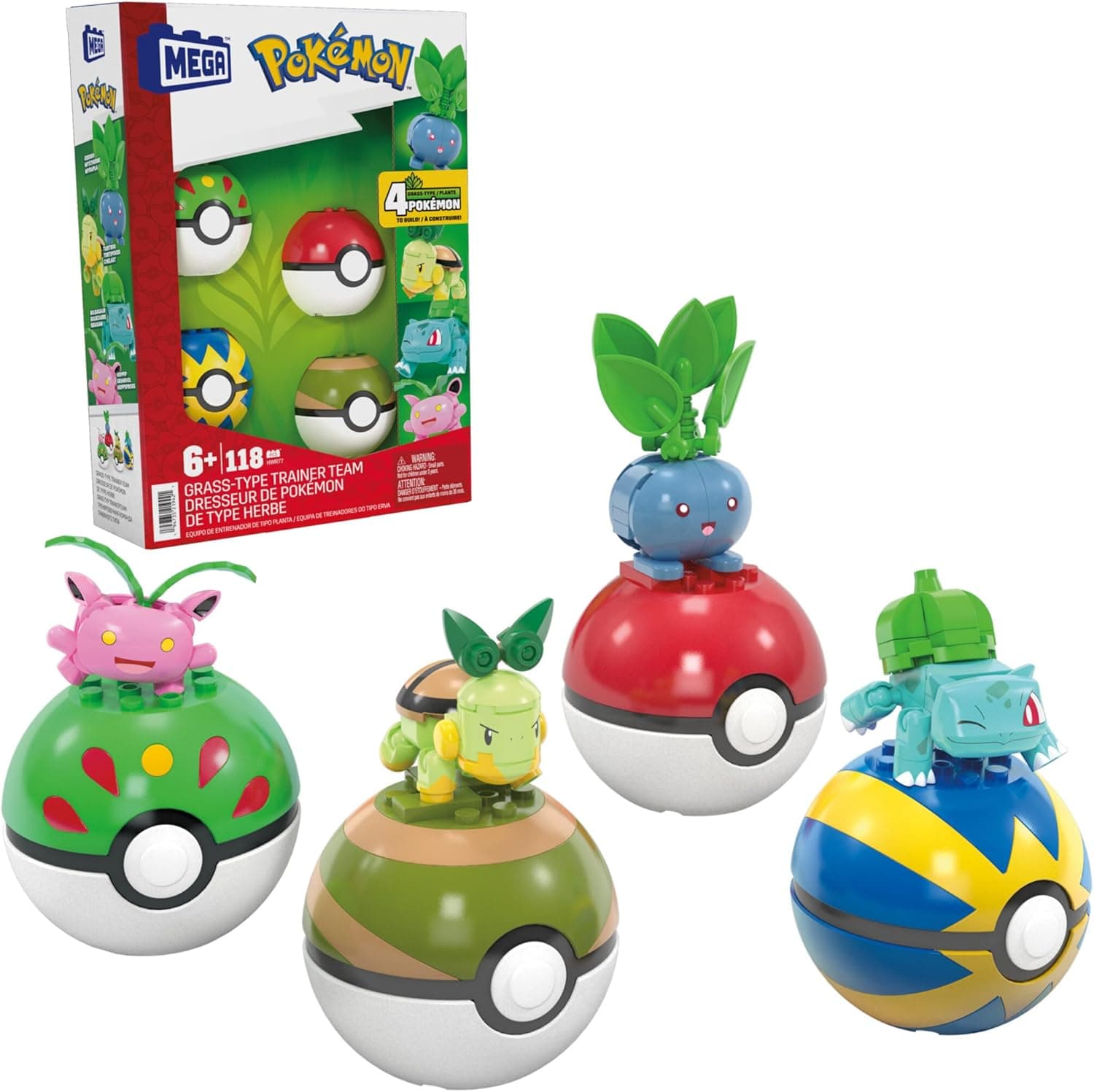 MEGA Pokémon Pack de 4 personagens do tipo planta com os seus pokeballs, inclui Bulbasaur, Turtwig, Hoppip e Oddish, 118 blocos de construção, brinquedo + 6 anos (HWR77)