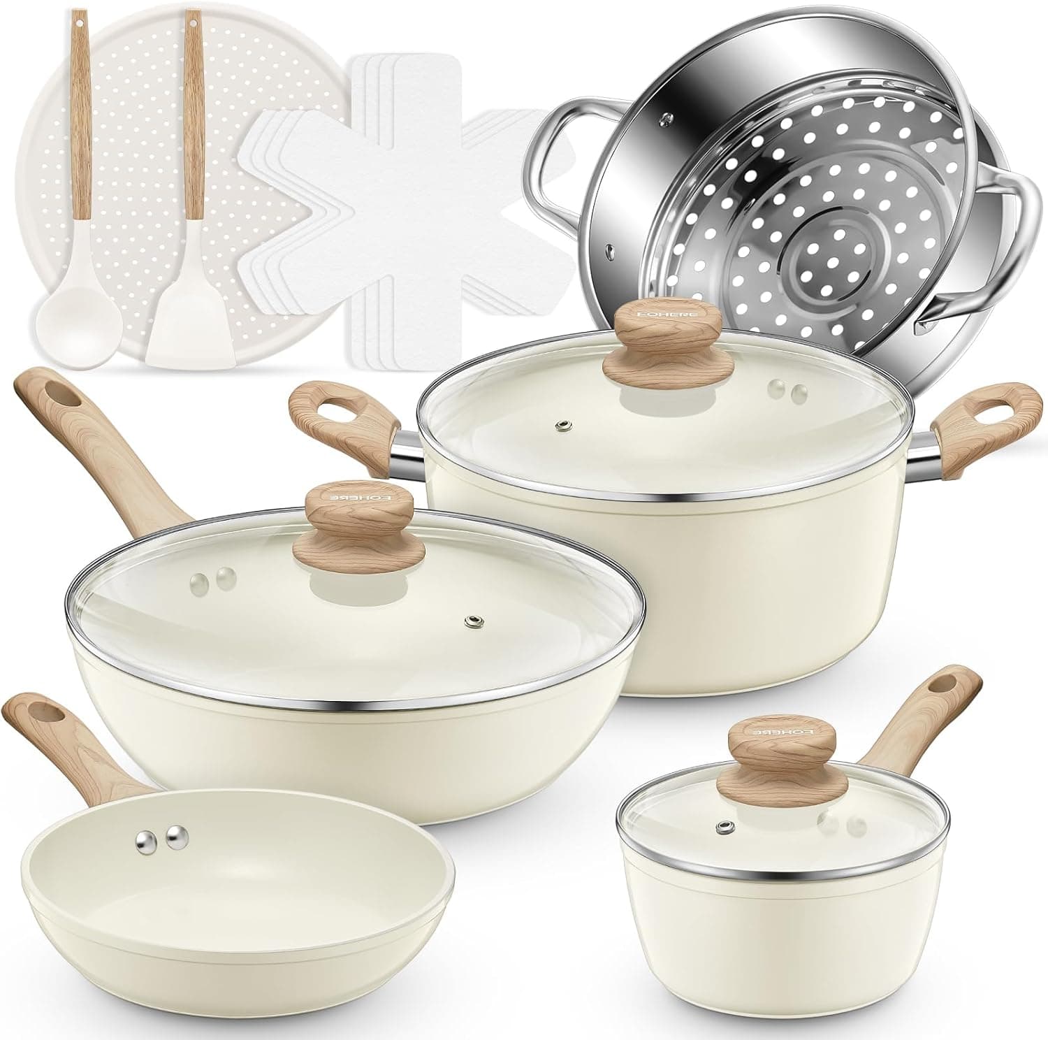 FOHERE Conjunto de panelas e frigideiras de 15 peças, conjuntos de utensílios de cozinha de cerâmica antiaderentes, conjunto de cozinha de indução com frigideira para pizza, vaporeira, panelas,