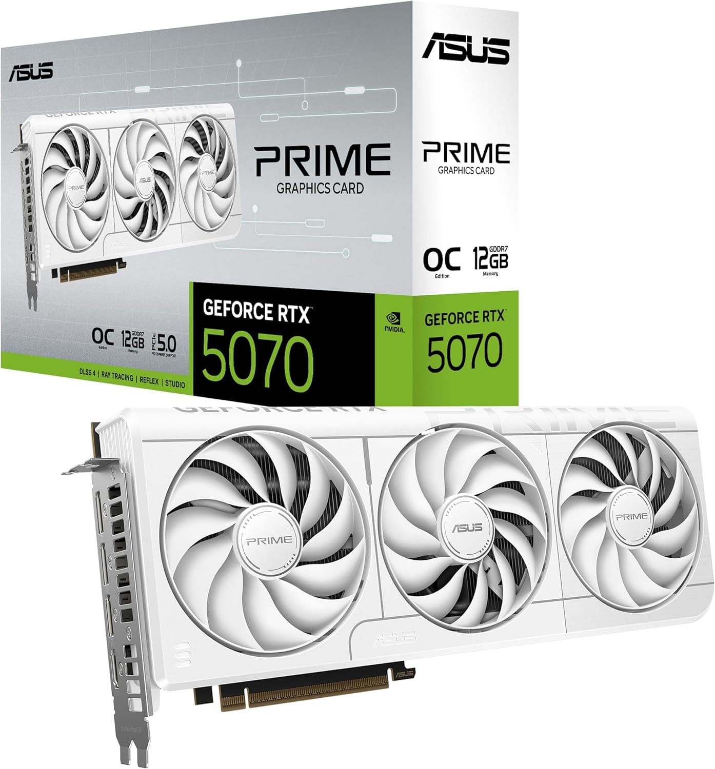 ASUS Prime GeForce RTX 5070 12 GB GDDR7 White OC Edition placa gráfica compatível com SFF (PCIe 5.0, 12 GB GDDR7, HDMI/DP 2.1, 2,5 ranhuras, ventiladores Axial-Tech, BIOS duplos)