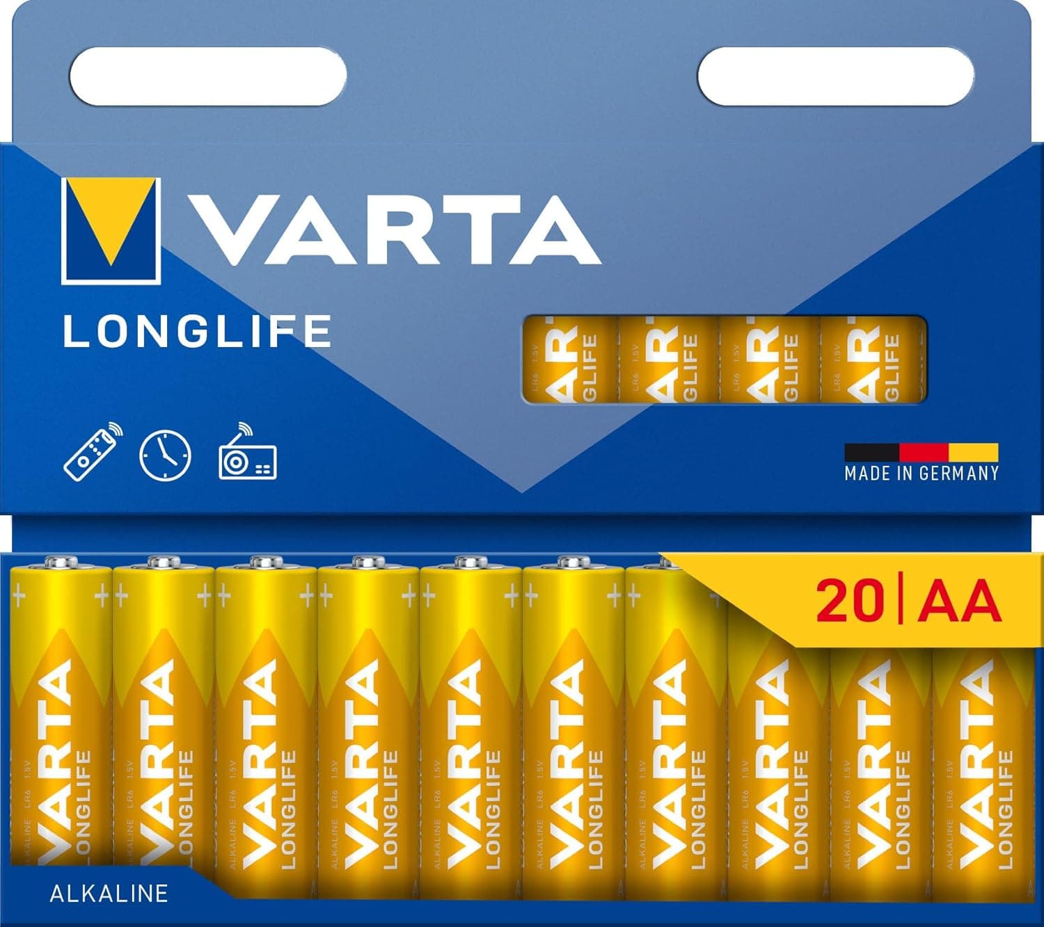 VARTA Pilhas AA, 20 unidades, Longlife, alcalinas, 1,5 V, ideal para comandos à distância, despertadores, rádios, relógios de parede, embalagem sem plástico, fabricado na Alemanha