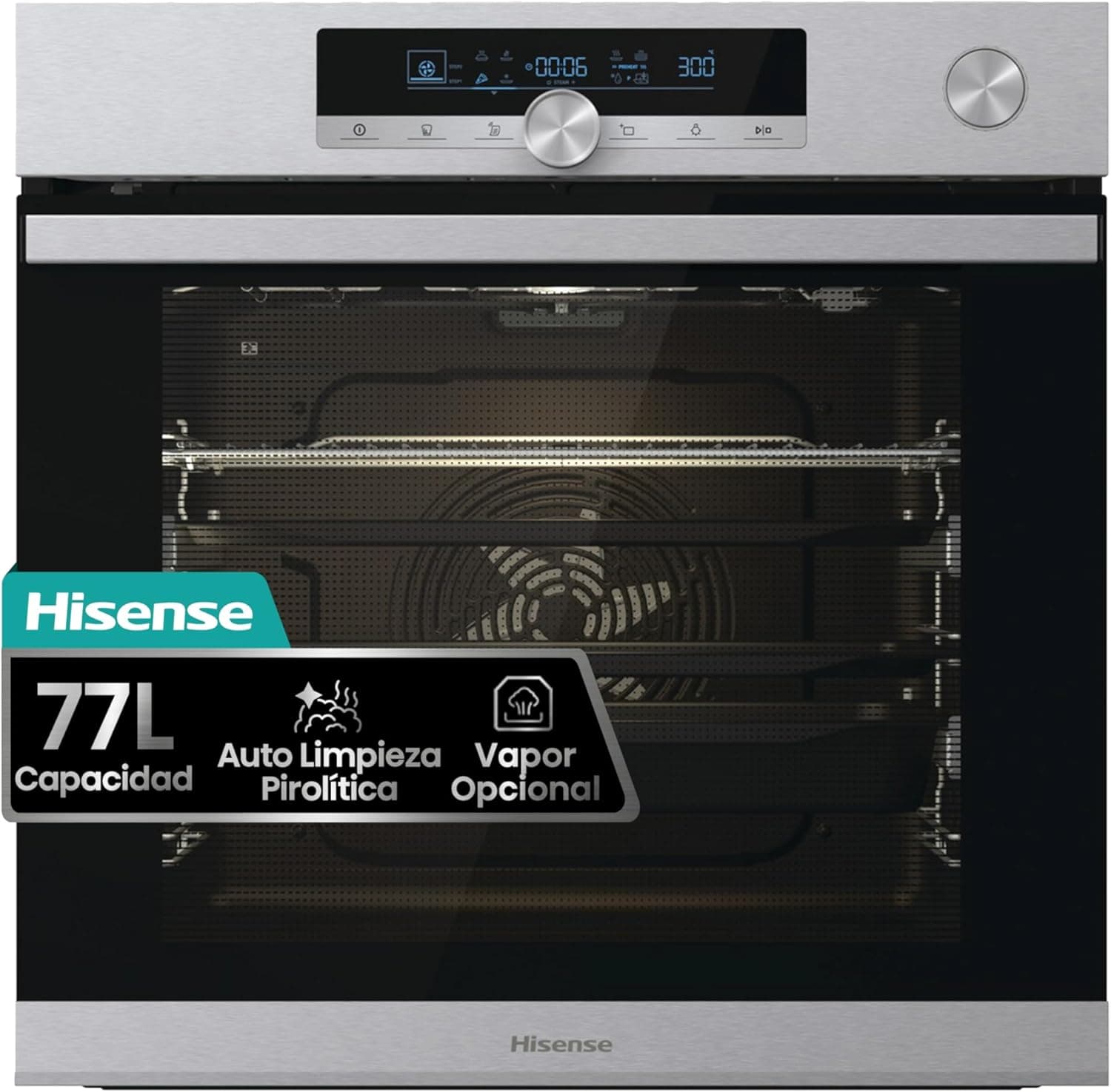 Hisense BSA66334PX Forno pirolítico com vapor 100% função de fritadeira de ar sem óleo, grande capacidade 77 L, cozinha simultânea 5 níveis, ventilador XXL, pizza mode 300º, portas removíveis Inox