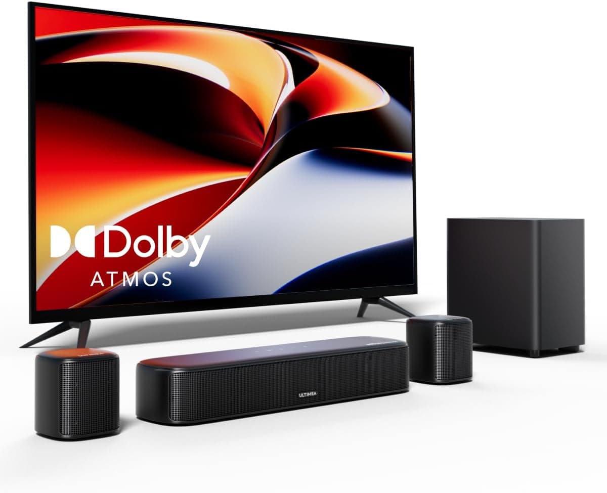 ULTIMEA Barra de som 5.1 com Dolby Atmos, sistema de som surround, sistema de som de cinema em casa, barra de som TV com subwoofer, 2 altifalantes surround, HDMI eARC/OPT/AUX, Aura A50 Pro