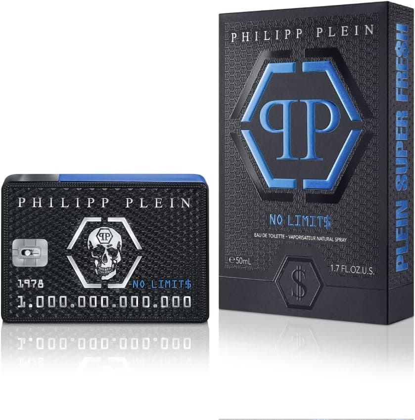 Philipp Plein Eau de Toilette No Limits Super Fresh 50 ml, perfume para homens, notas frescas e madeiradas, uma onda de energia, hedonismo e sucesso, frasco de vidro lacado em preto e azul