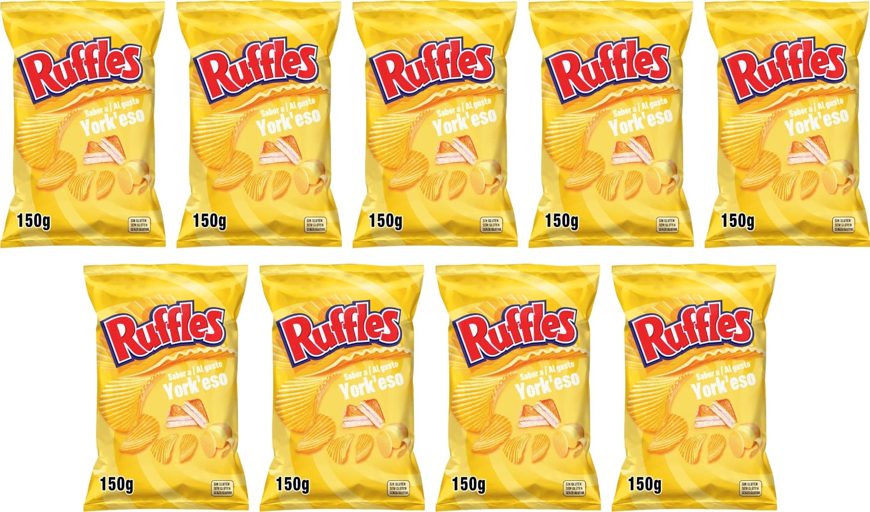 Ruffles Yorkeso, batatas fritas com sabor de presunto e queijo, 150g x 9