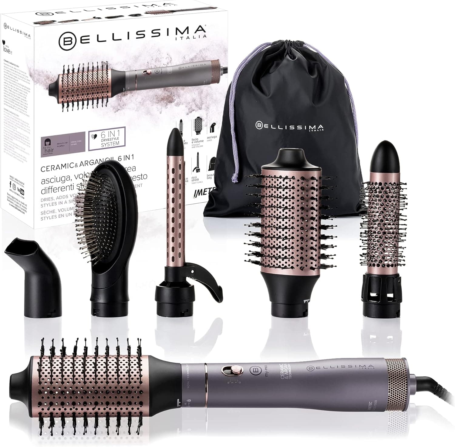 Bellissima Ceramic & Argan Oil 6em 1, escova de ar quente, moldador, 6 acessórios, tecnologia Ion, escovas revestidas de cerâmica e óleo de argão, seca e fornece volume, golpe ar frio